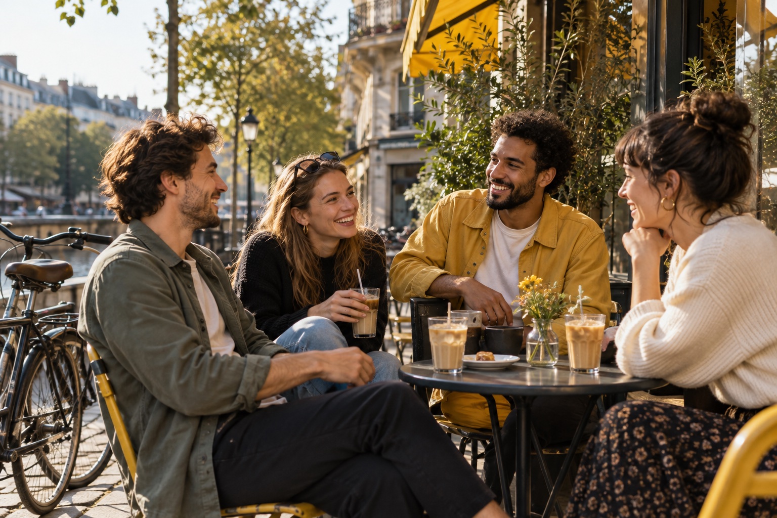Friends sharing coffee outside a neighborhood café